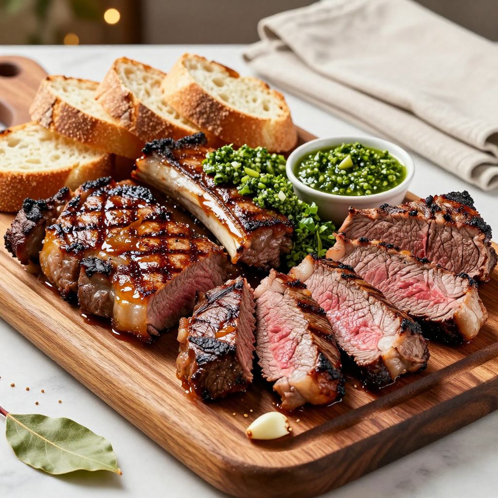 Sliced asado served with chimichurri