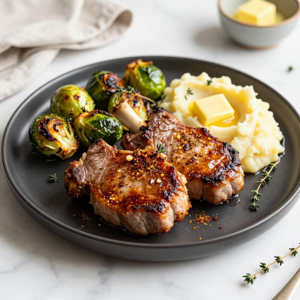 Juicy baked pork chops served on a plate