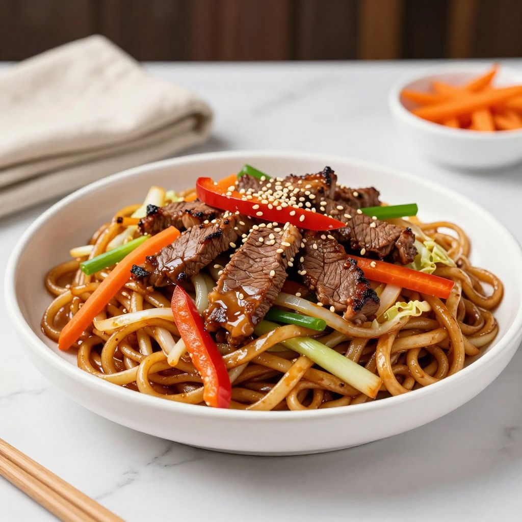 Beef lo mein served