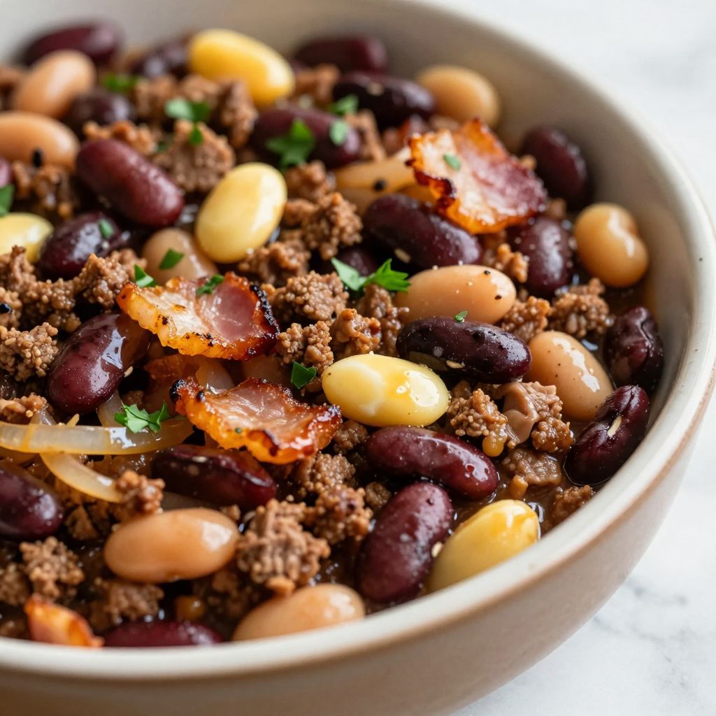 Calico beans in a casserole dish