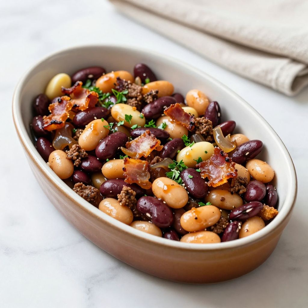 Baked calico beans ready to serve
