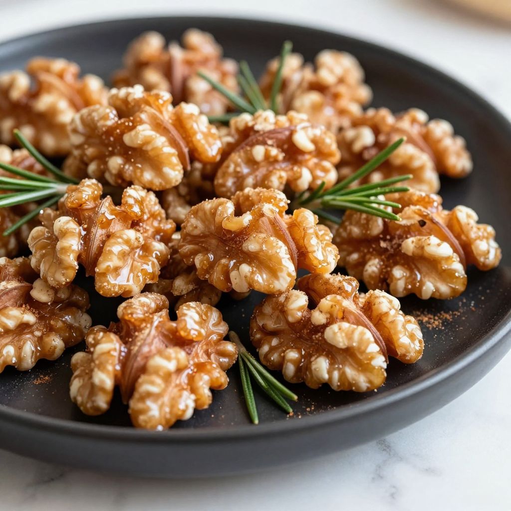 Candied walnuts in a pan and on a baking sheet