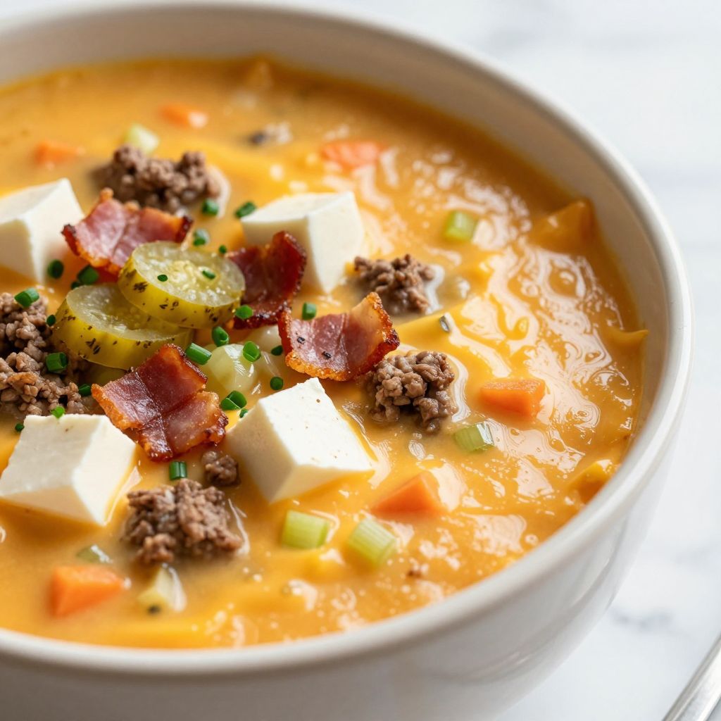 Cheeseburger soup served in a bowl