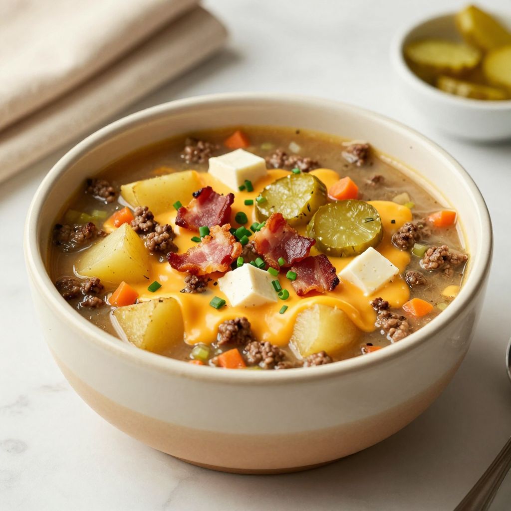 Cheeseburger soup garnished with toppings