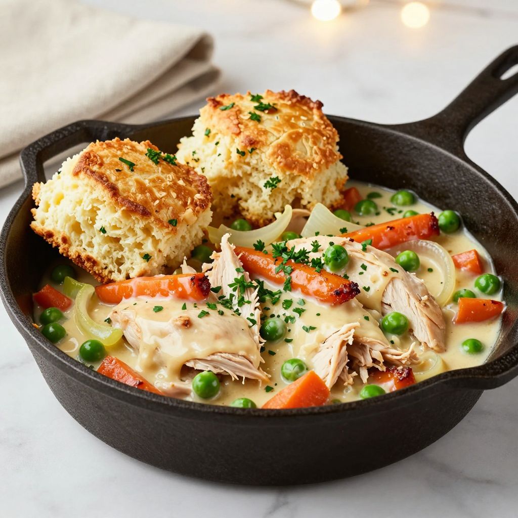 Chicken and biscuits in skillet