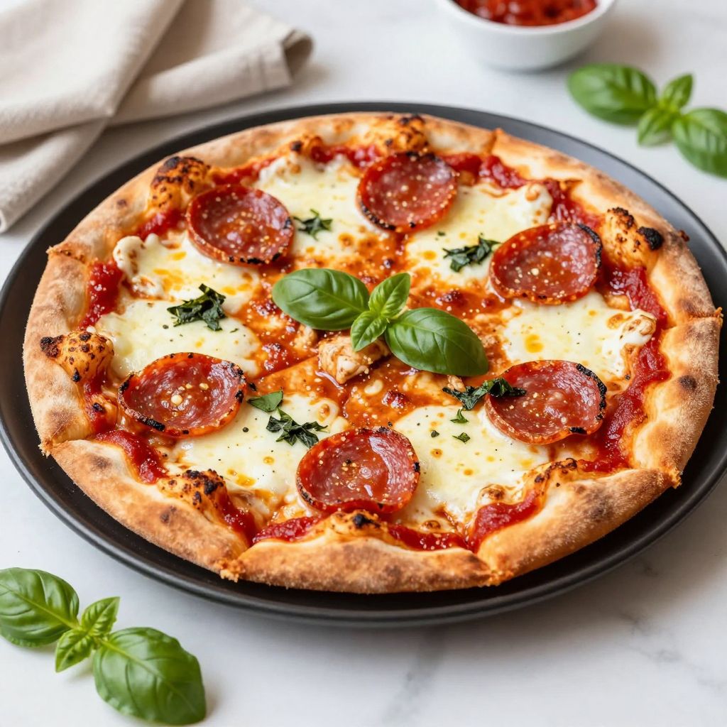 Chicken crust pizza sliced and served