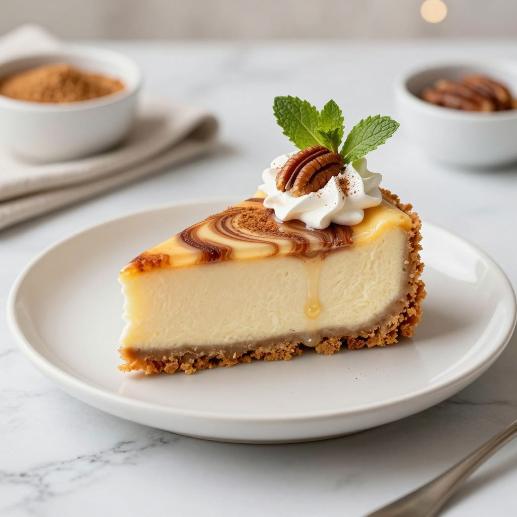Cinnamon roll cheesecake slice on plate