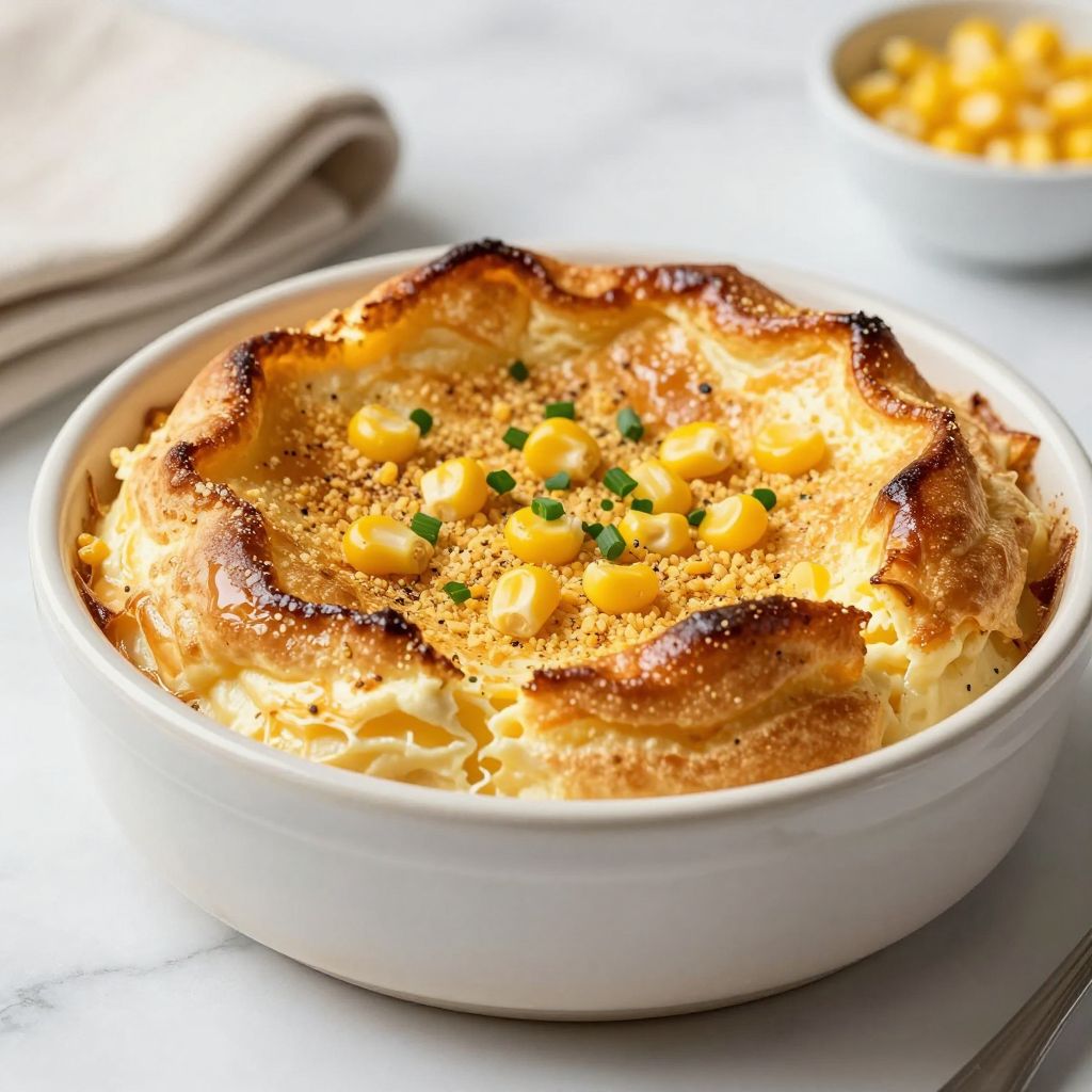 Slice of corn souffle served on a plate
