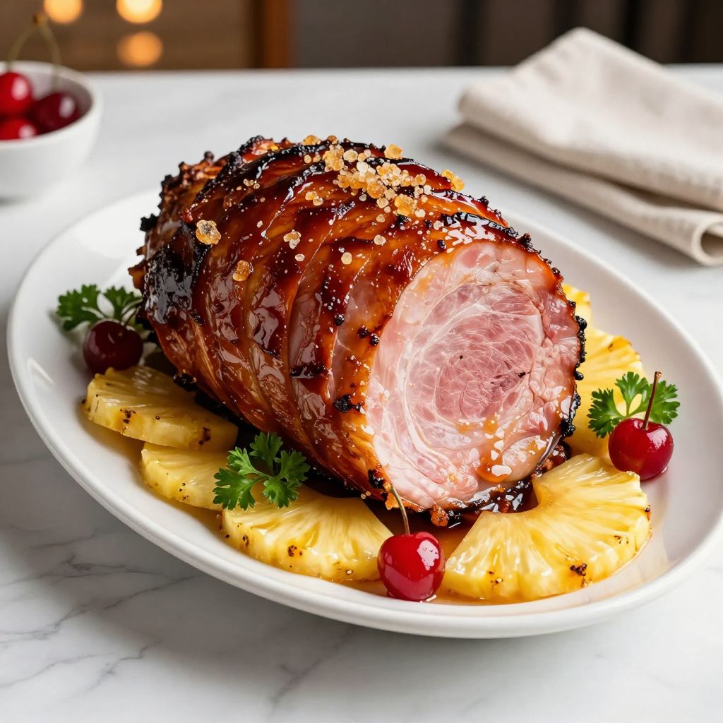 Sliced glazed crockpot ham served on platter
