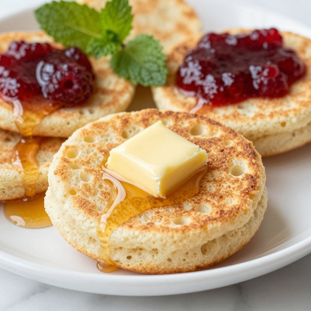 Crumpet batter cooking in rings and forming holes