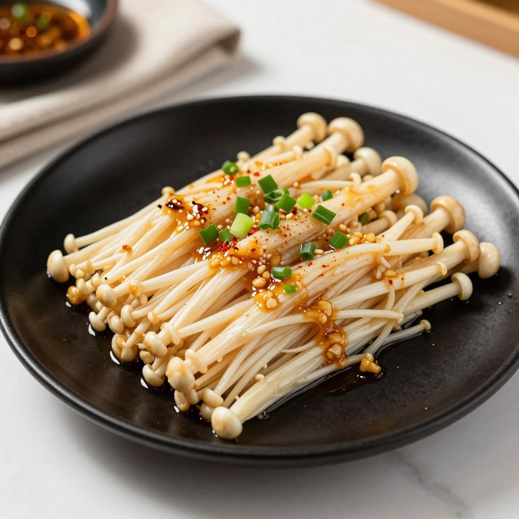 Garlic butter enoki mushrooms plated