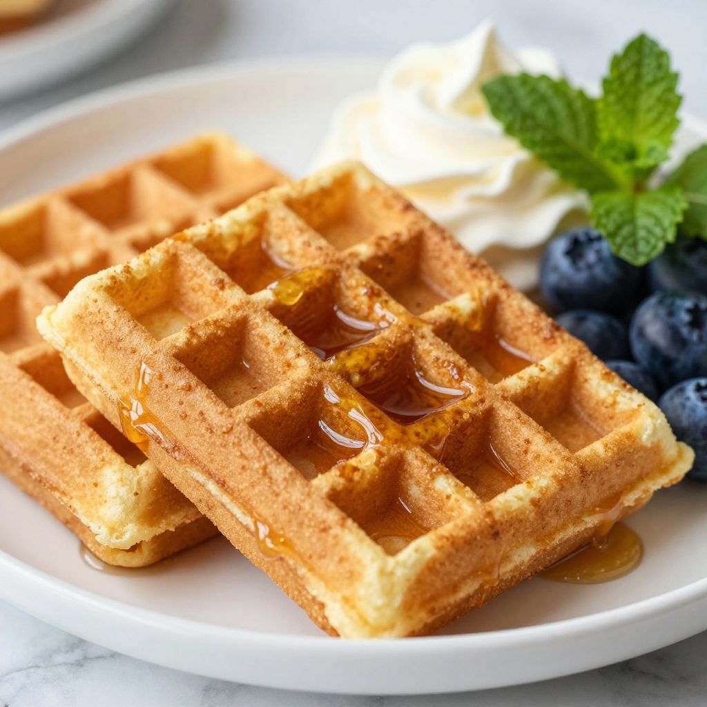 Gluten free waffles cooking and ready to serve