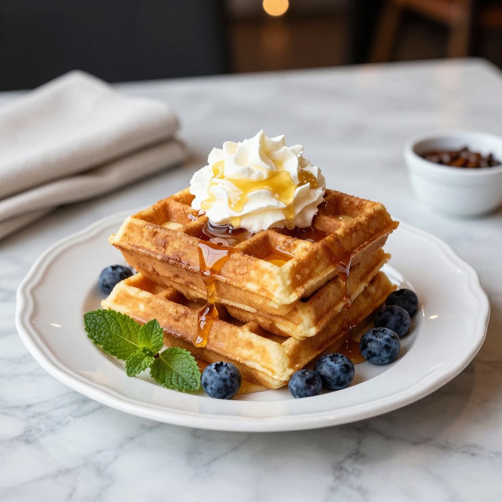 Stack of crispy gluten free waffles with toppings