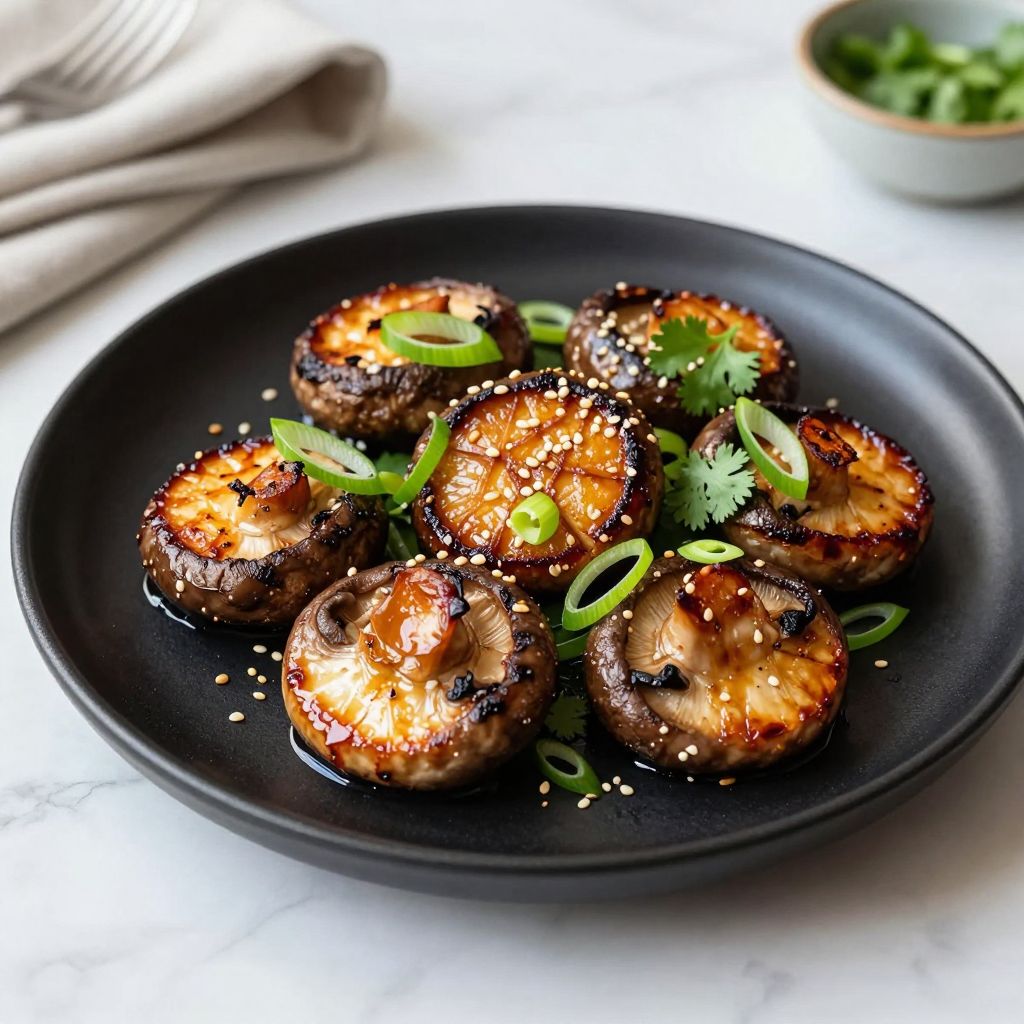 Pan-seared king oyster mushrooms plated and garnished