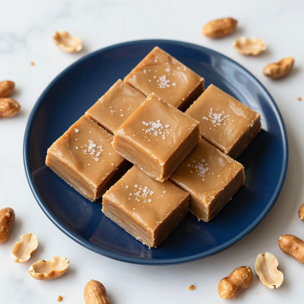 Freshly cut peanut butter fudge squares on parchment
