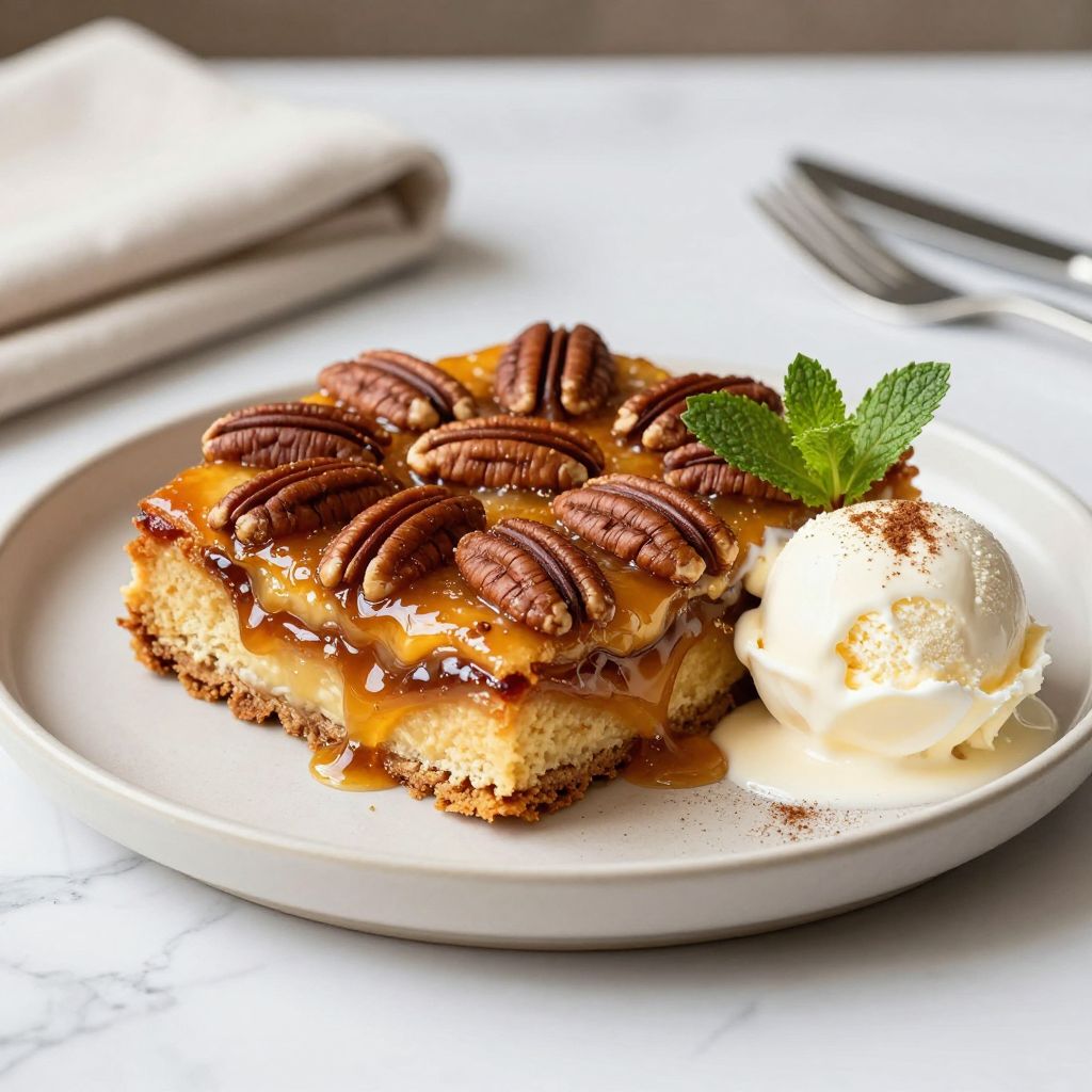 Baked pecan pie dump cake in baking dish