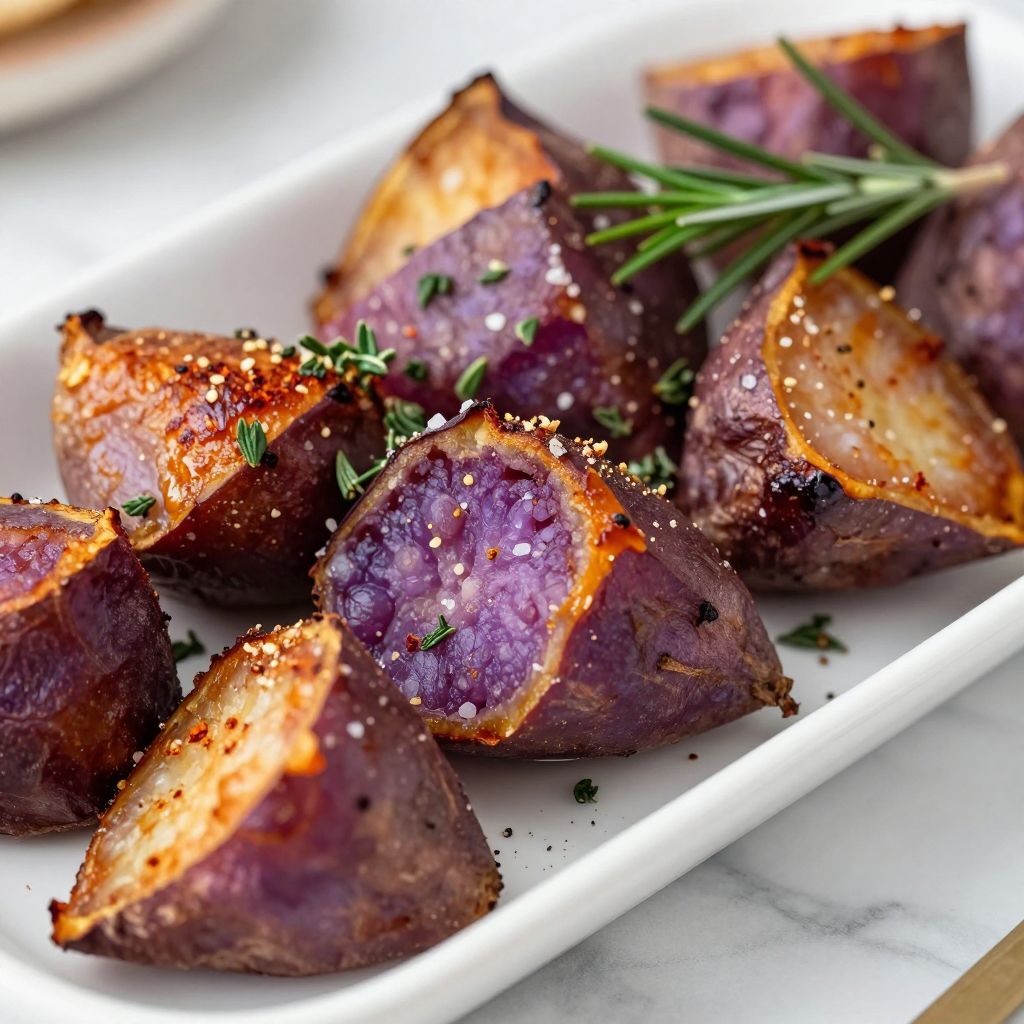 Roasted purple sweet potato cubes on a baking sheet