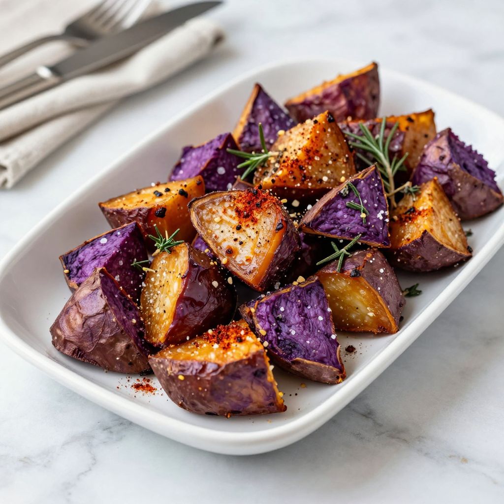 Cooked roasted purple sweet potatoes served in a bowl