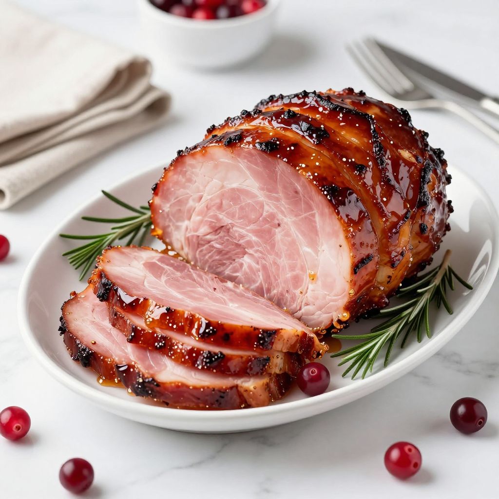 Sliced glazed spiral ham on a platter