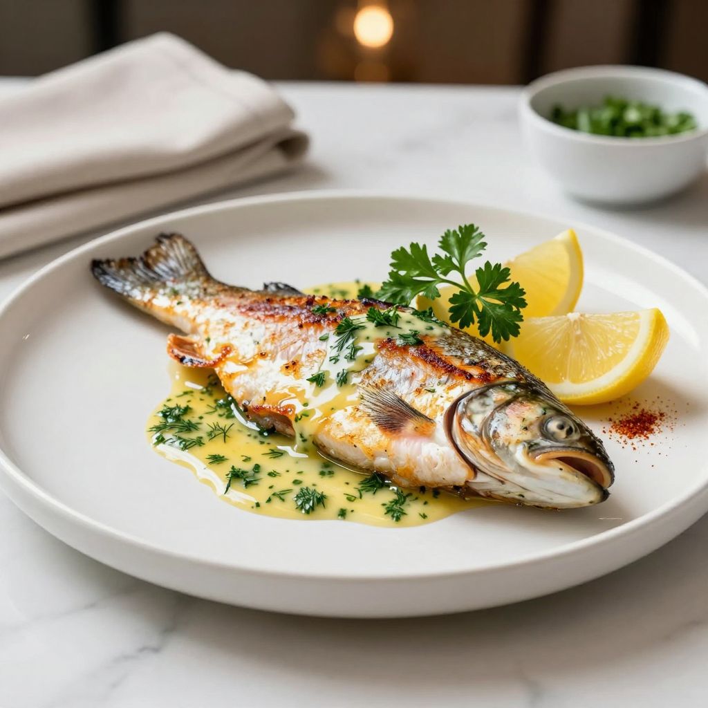 Cooked steelhead trout served with lemon and herbs