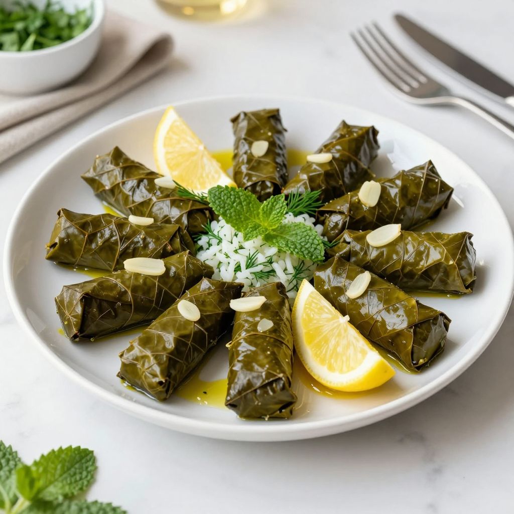 Stuffed grape leaves on a serving platter