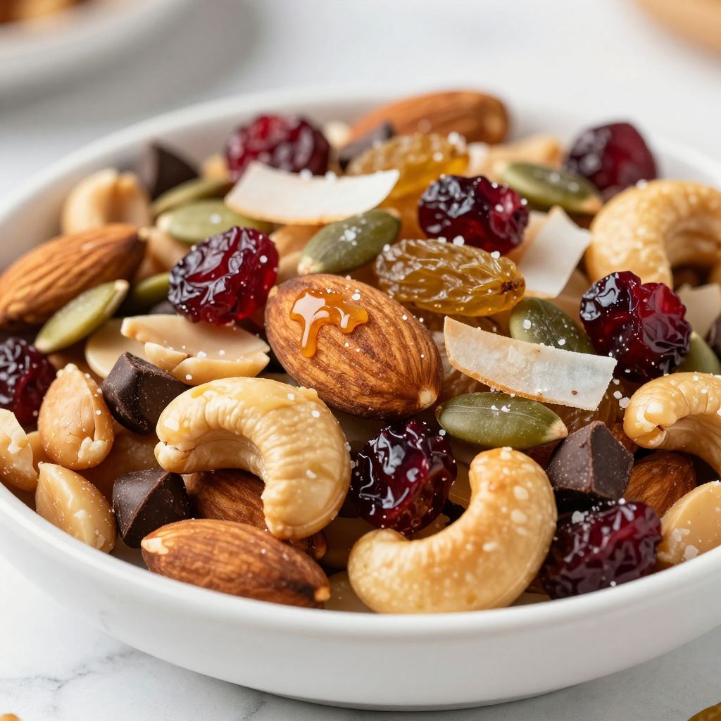 Trail mix ingredients mixed together in a bowl